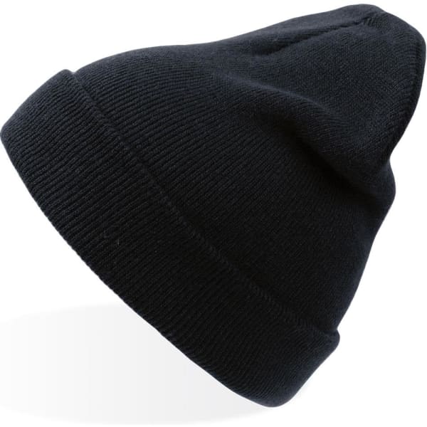 A black beanie featuring a folded cuff and a textured knit design. It has a small logo on the side.
