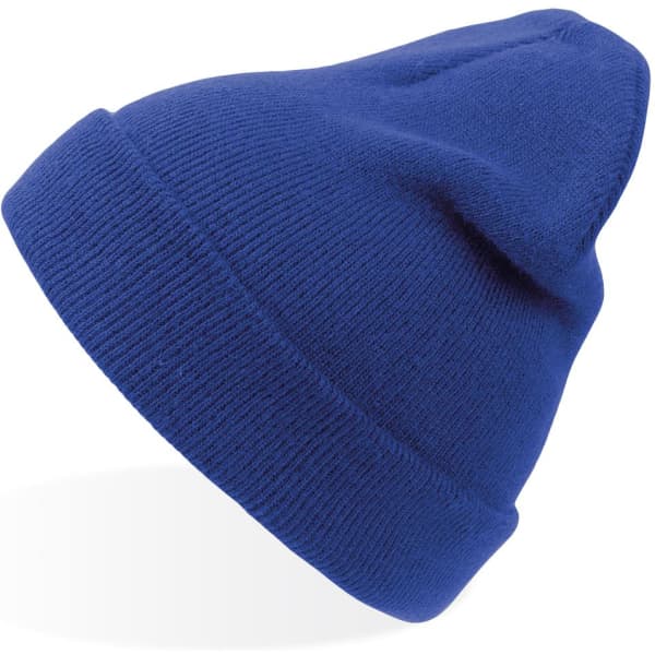 A blue beanie with a fitted design and a rounded top, featuring a logo on the side.