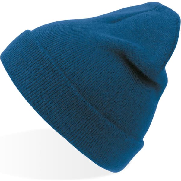 A dark blue beanie with a ribbed texture, featuring a small logo on the side.