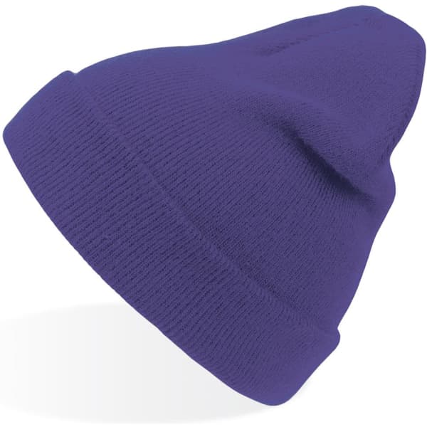 A purple beanie with a snug fit and a soft texture, featuring a logo.