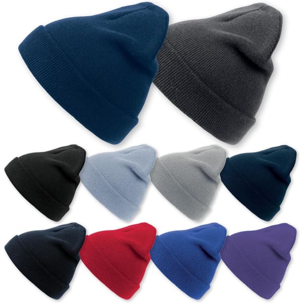 A collection of beanies in navy, charcoal, black, light grey, dark grey, red, blue, and purple, with one featuring a logo.