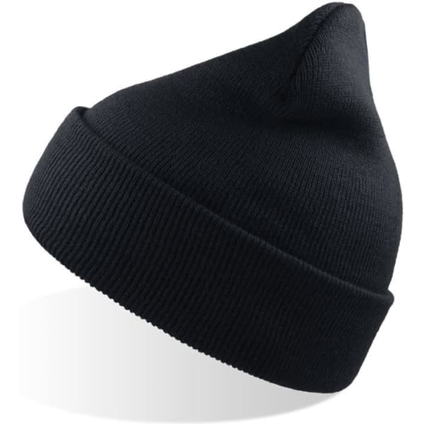 A black beanie made from recycled polyester with a fold-over cuff and a pointed top. It features a logo.