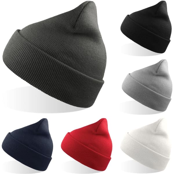 A collection of beanies in various colours: grey, black, red, navy, white, and light grey, featuring a logo.