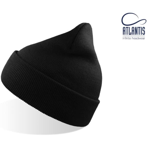 A black beanie with a ribbed design and a pointed top, featuring a logo on the side.