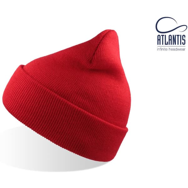 A red beanie with a pointed top, featuring a ribbed texture and a logo.