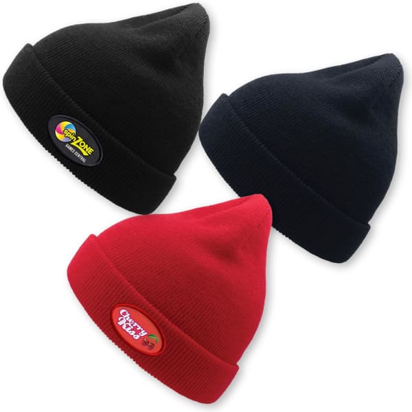 A collection of three beanies in black, navy, and red, each featuring a logo.