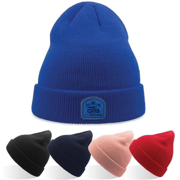 A collection of beanies in blue, black, navy, pink, and red, featuring a logo on the front of the blue beanie.