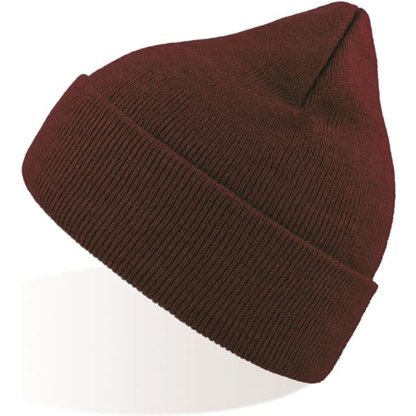 A maroon beanie with a ribbed texture and a tapered top, featuring a small logo on the side.