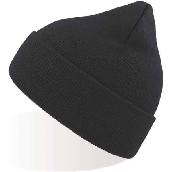 A black beanie with a ribbed texture and a tapered top, featuring a logo on the side.