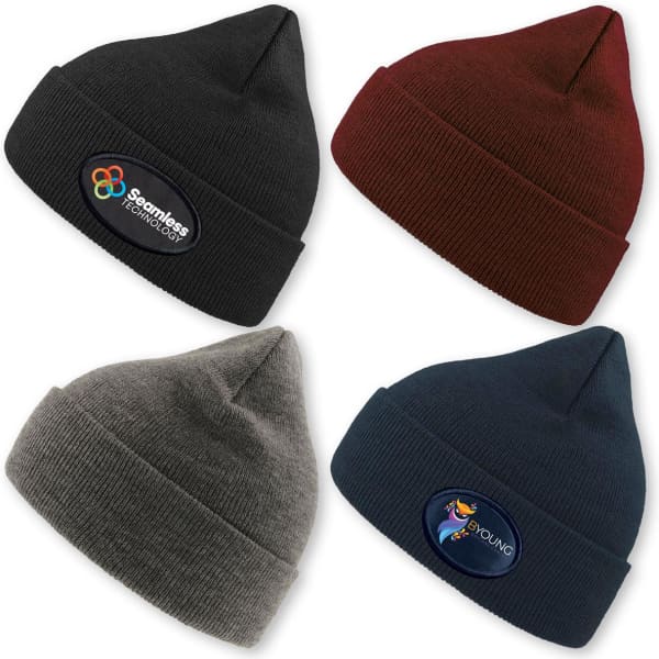 Four beanies in black, burgundy, grey, and navy, each featuring a logo on the front.