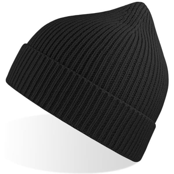 A black beanie with a ribbed texture and a pointed top, featuring a subtle logo.