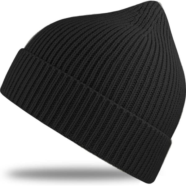 A black ribbed beanie with a pointed top, featuring a logo on the side.
