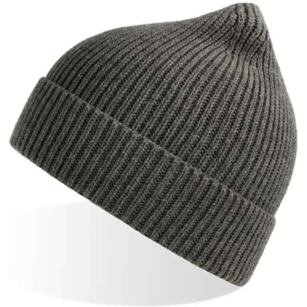 A green ribbed beanie with a pointed top and a logo on the side.