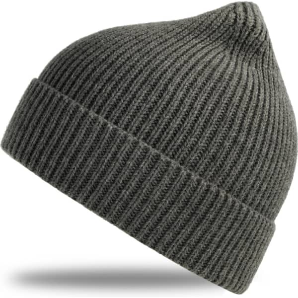 A grey ribbed beanie featuring a logo, designed with a pointed top for added style.