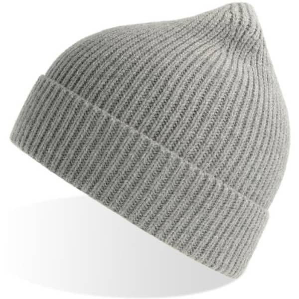 A grey knitted beanie with a ribbed texture and a pointed top. It features a logo.