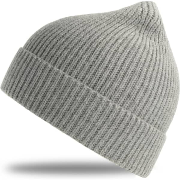 A grey beanie with a ribbed texture and a pointed top. Features a logo on the side.