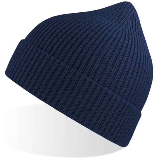 A navy blue beanie with a ribbed texture and a logo on the side.