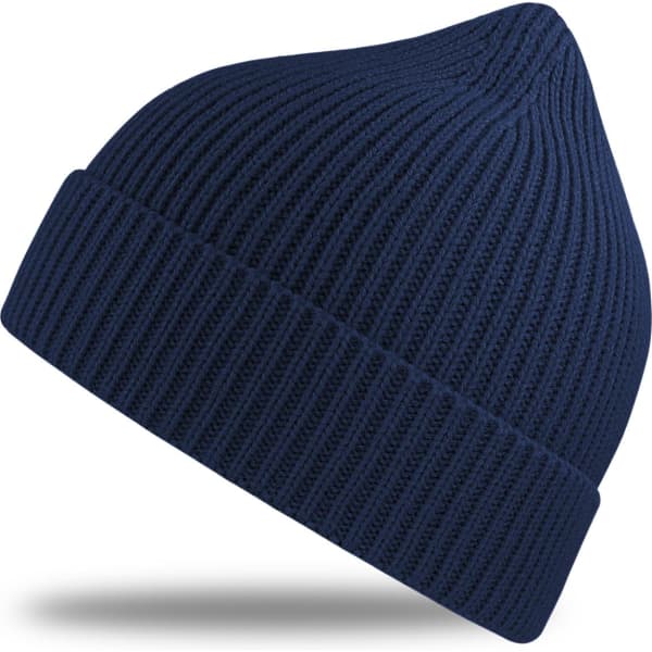 A navy ribbed beanie with a folded cuff and a logo on the side.