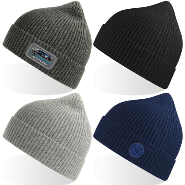 A collection of four beanies in grey, black, and navy, featuring different designs and logos.