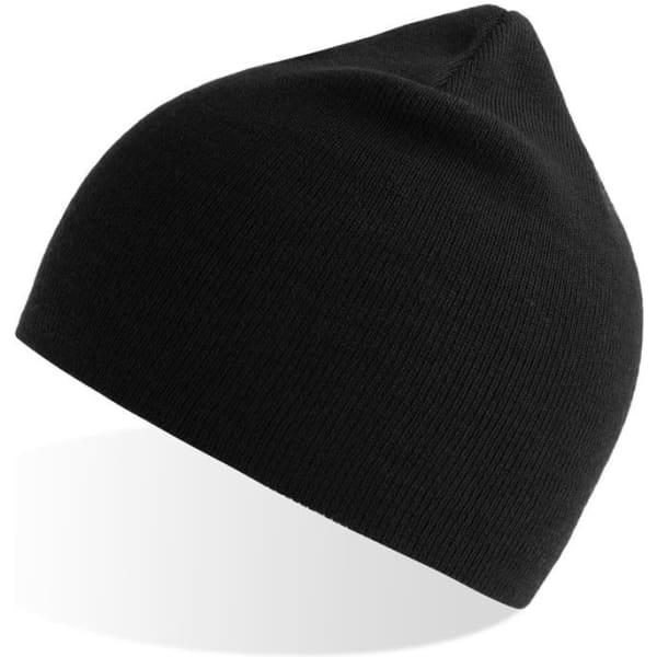 A black beanie, featuring a snug fit with a slightly pointed top, includes a logo on the side.