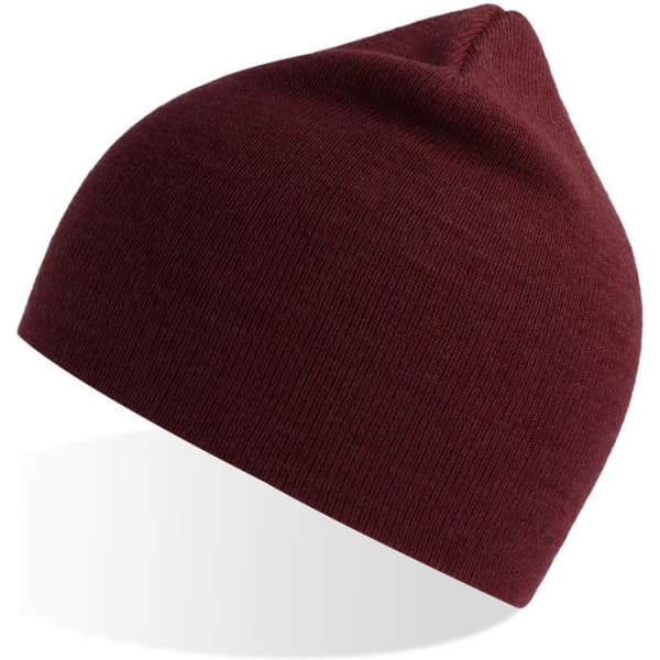 A maroon beanie with a tapered top and a subtle texture, featuring a small branding logo.