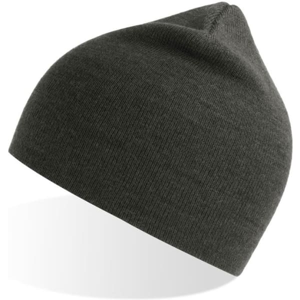 A dark green beanie with a smooth texture and pointed top, featuring a small logo.
