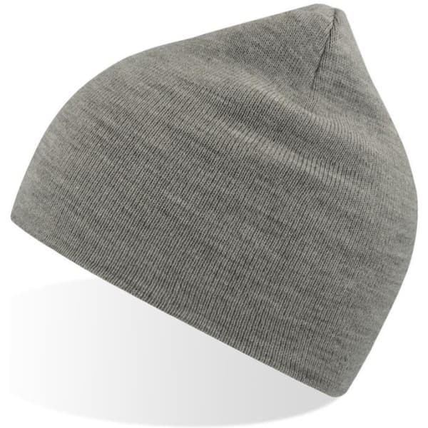 A grey beanie with a tapered top and a textured finish. It features a logo on the side.