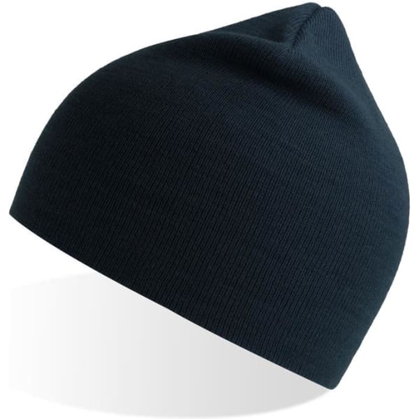 A dark blue beanie with a ribbed texture and a pointed top, featuring a logo.