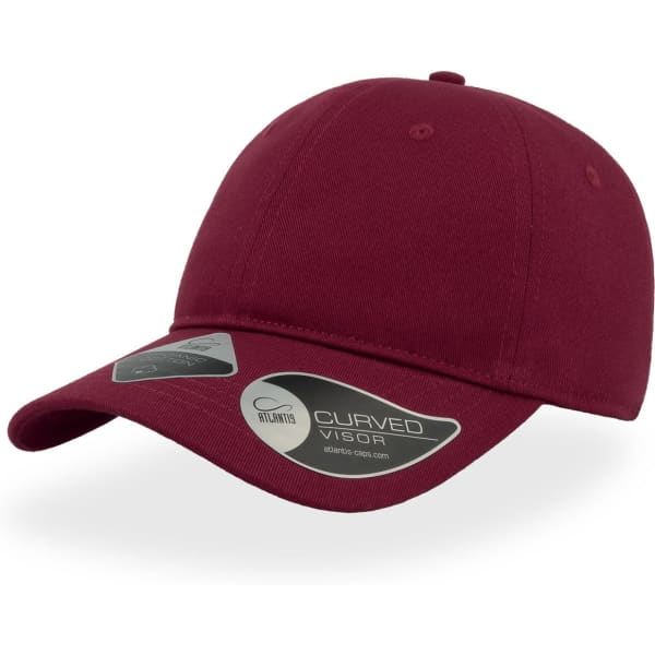 A maroon cap with a curved visor and a logo on the side, designed for headwear.