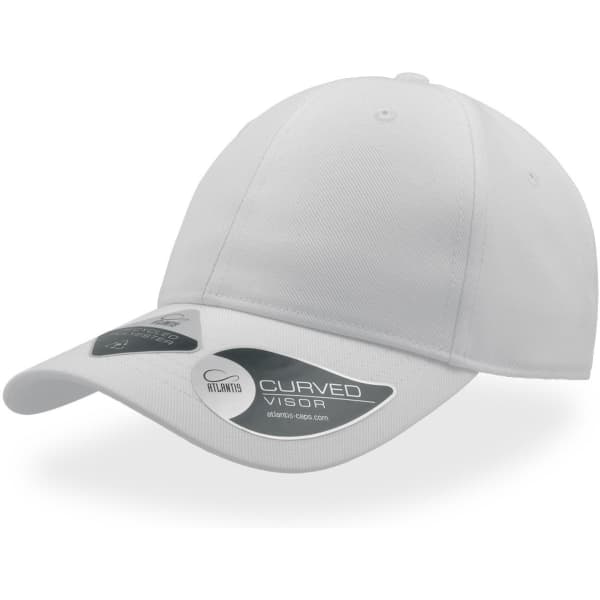 A white cap with a curved visor and a branded tag. The cap is made from recycled materials.