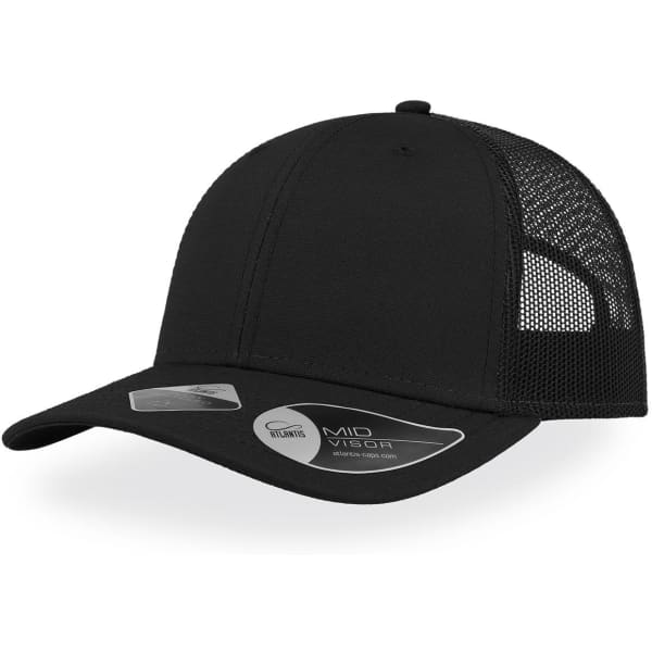 A black cap with a mesh back and a curved brim, featuring a logo on the side.