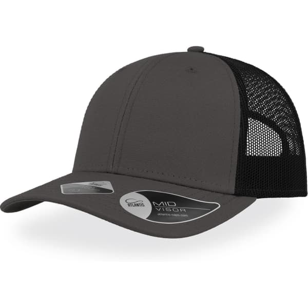 A grey cap with a black mesh back and a curved brim, featuring a logo on the side.