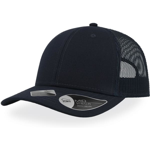 A navy cap with a mesh back and a mid visor, featuring branding on the side.