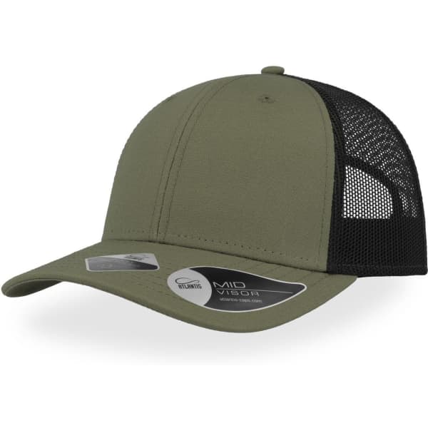 A green cap with a black mesh back, featuring a rounded visor and a branded tag on the side.