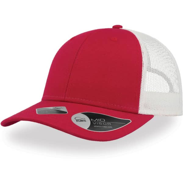 A red cap with a white mesh back, featuring a mid visor and a logo on the side.