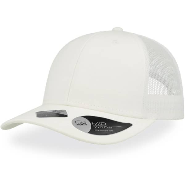 A white cap with a mid visor and a mesh back, featuring a logo on the front.
