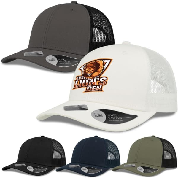 A selection of caps in grey, white, black, navy, and olive green, featuring a logo on one.