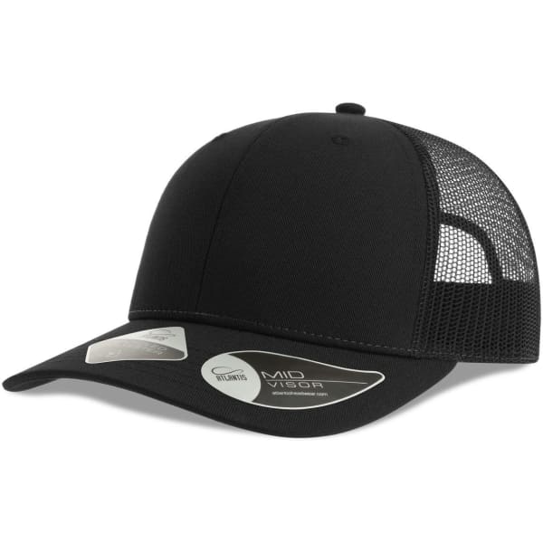 A black trucker cap featuring a solid front and mesh back, with a logo on the side.