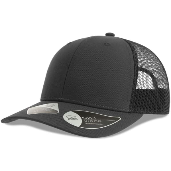 A black trucker cap featuring a solid front and mesh back, with a curved visor and logo branding.