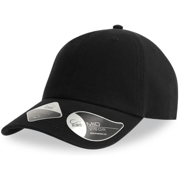 A black mid-visor cap featuring a logo, designed for casual wear.