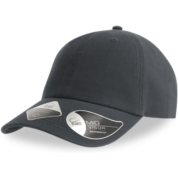 A black organic dad hat with a mid visor and a logo on the side.