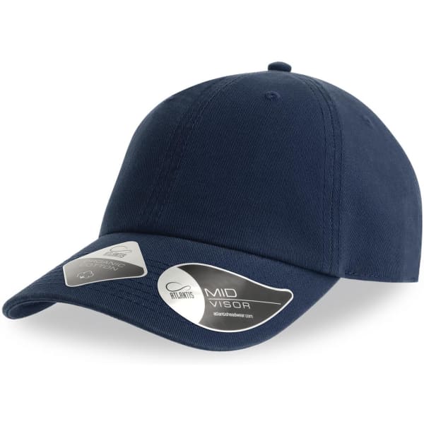 A navy blue organic dad hat with a mid visor and a logo on the side.