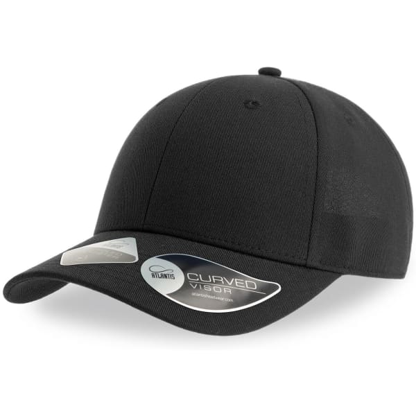 A black cap with a curved visor and a logo on the side, designed for headwear.
