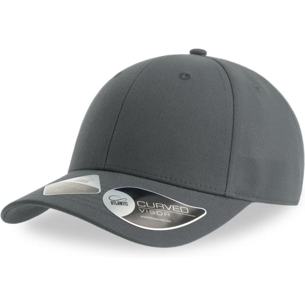 A grey cap with a curved visor and a brand logo on the side.
