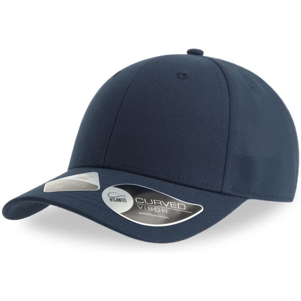 A navy blue cap featuring a curved visor and a logo on the side.