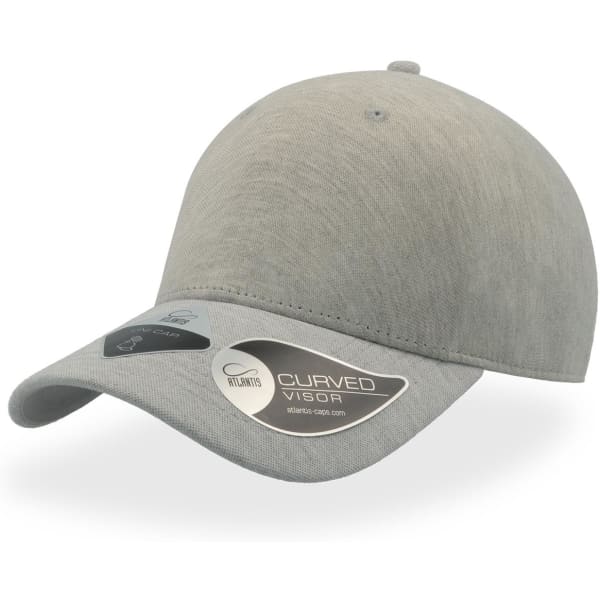 A grey cap with a curved visor and a logo on the side. Features smooth fabric with a modern design.