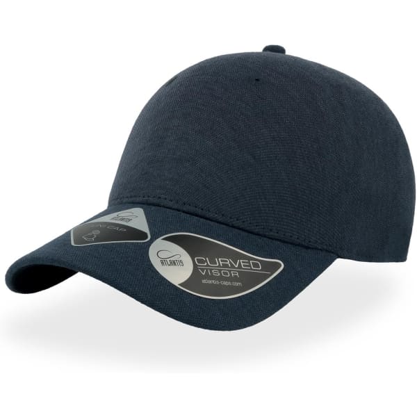 A dark navy cap with a curved visor, featuring a logo on the side.
