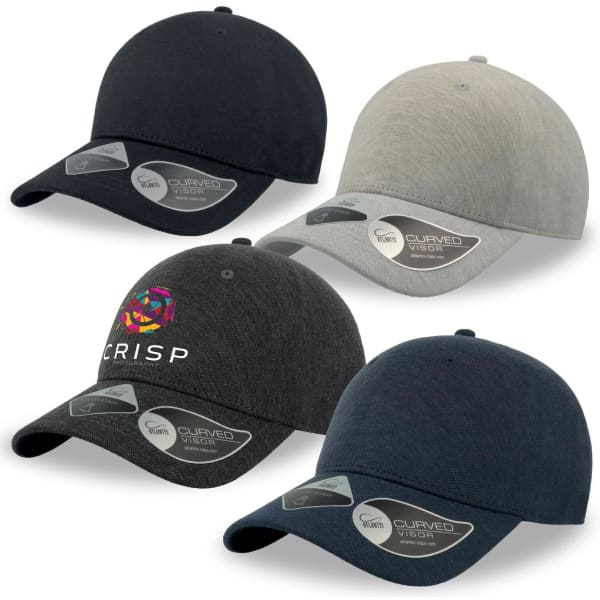 A collection of four caps in black, grey, and dark blue, featuring curved visors and a logo on one cap.