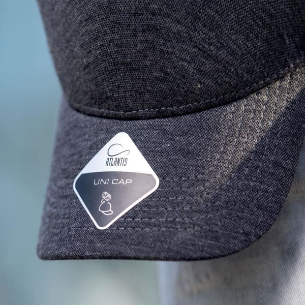 A dark grey cap with a structured brim and a logo on the side. It features a branding tag on the front.