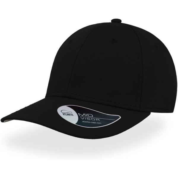 A black cap with a mid visor and a logo tag attached.